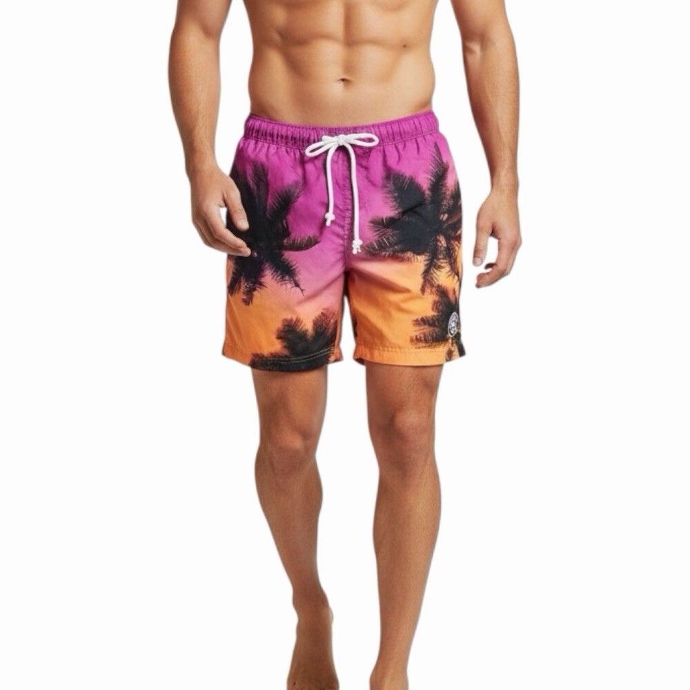 Original Penguin Men's Swim Shorts S Pink Tropical Palm Tree Print 6 Inch Inseam